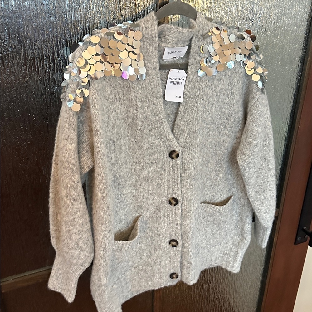 Eleven Six
Cora Sequined Shoulder Cardigan gray front pocket size M/L. NWT. - Picture 7 of 12